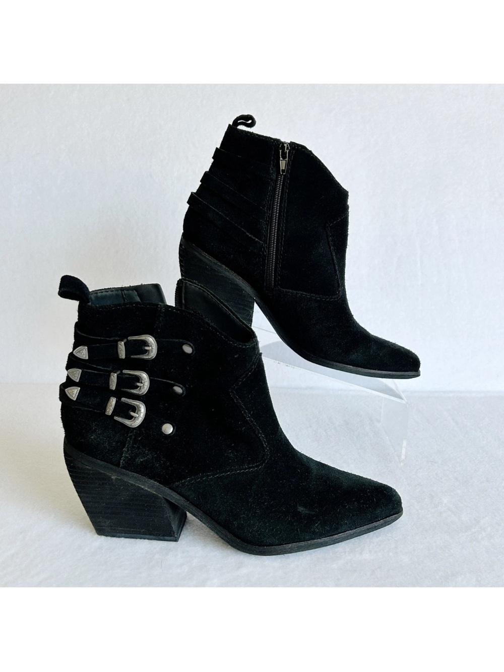 Zodiac Dacey Leather Buckle Ankle Boots Women's size 9 M Black Suede Booties